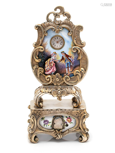 GILT-METAL AND ENAMEL CLOCK WITH HIDDEN AUTOMATON