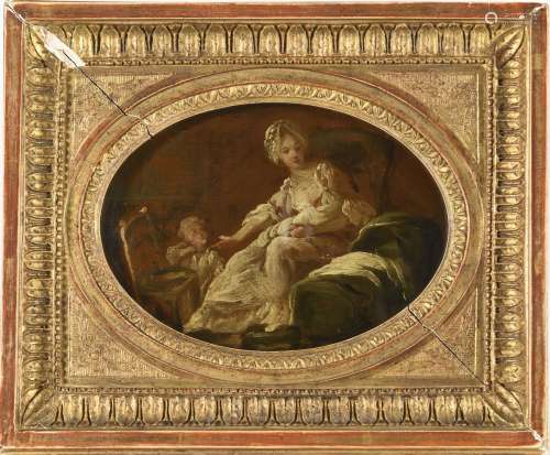 归属ETIENNE AUBRY (1745-1781)，年轻的母亲，椭圆形画框，高度：14厘...