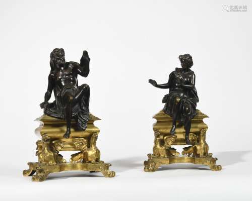 一对铜器，铜斑和镀金，代表维纳斯和火神的温存，两个人坐在石棺上，...