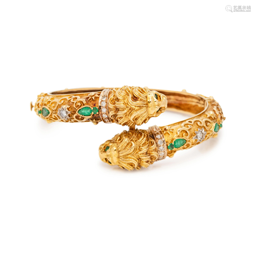 YELLOW GOLD, EMERALD AND DIAMOND LION BANGLE BRACELET