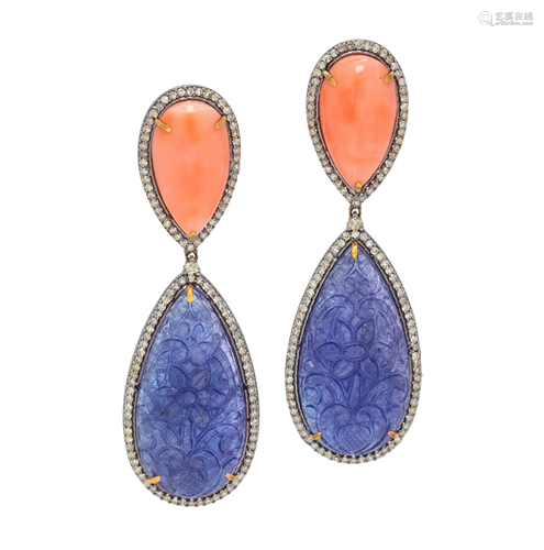 SAPPHIRE AND CORAL DROP EARRINGS