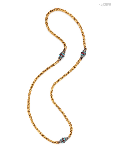 YELLOW GOLD, SILVER AND GLASS LONGCHAIN NECKLACE