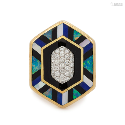 ASCH GROSSBARDT, MULTIGEM INLAY AND DIAMOND RING