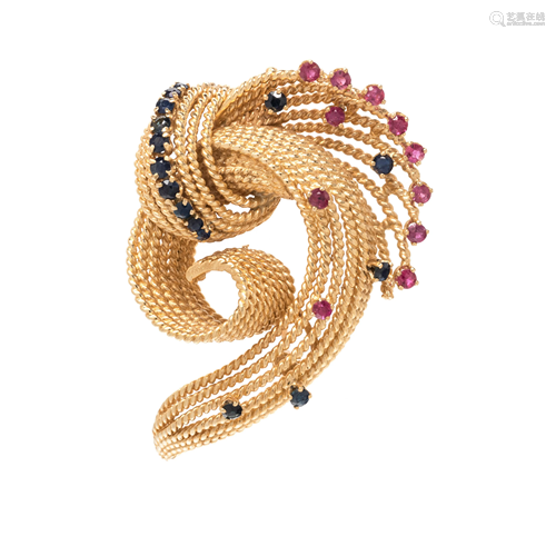 YELLOW GOLD, SAPPHIRE AND RUBY BROOCH