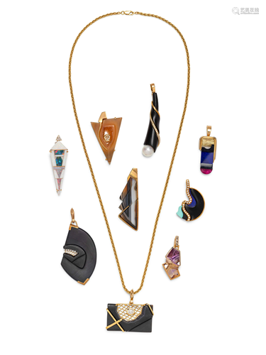 COLLECTION OF ABSTRACT PENDANTS AND CHAIN