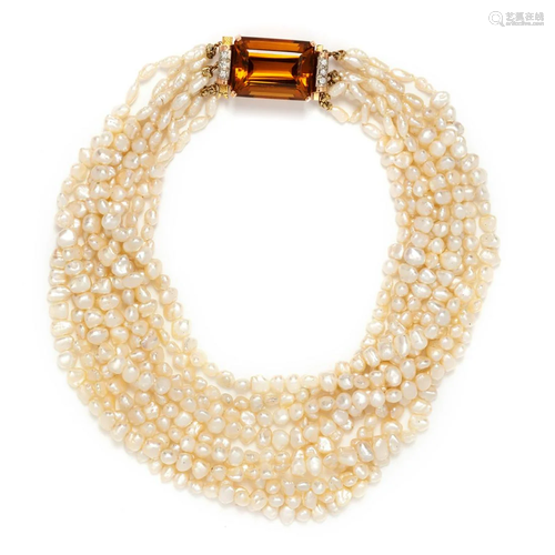 CULTURED PEARL, CITRINE AND DIAMOND NECKLACE