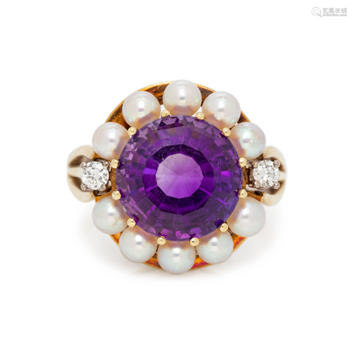 AMETHYST, DIAMOND AND CULTURED PEARL RING