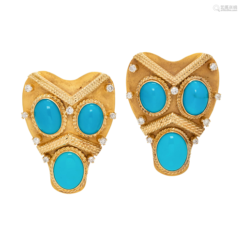 YELLOW GOLD, TURQUOISE AND DIAMOND EARCLIPS