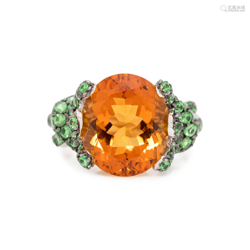 CITRINE, TSAVORITE GARNET AND DIAMOND RING