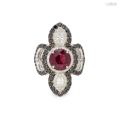 GARNET, DIAMOND AND BLACK DIAMOND RING