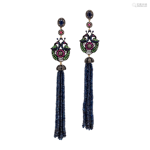 MULTIGEM AND DIAMOND TASSEL EARRINGS