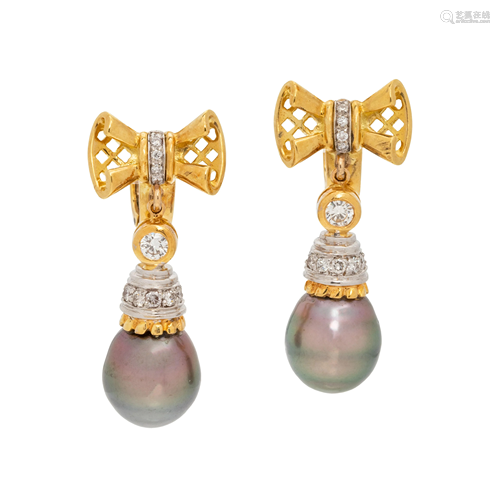 CULTURED TAHITIAN PEARL AND DIAMOND EARCLIPS