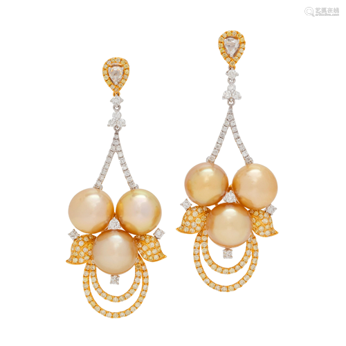 CULTURED GOLDEN SOUTH SEA PEARL AND DIAMOND EARRINGS