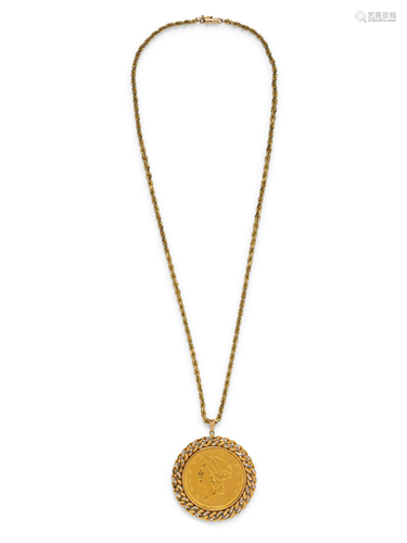 YELLOW GOLD, US $20 LIBERTY COIN AND DIAMOND