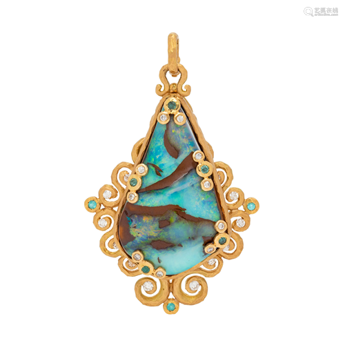 BOULDER OPAL AND DIAMOND MAGNIFYING GLASS PENDANT