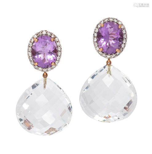 AMETHYST, QUARTZ AND DIAMOND EARRINGS