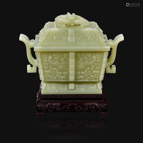 A Chinese carved pale celadon jade censer and cover,