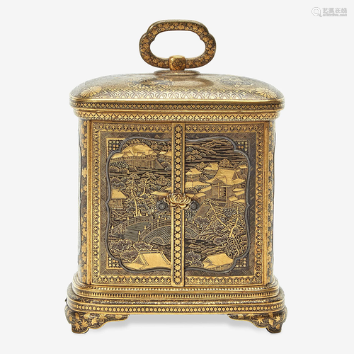 A Japanese gold-inlaid iron miniature cabinet, Komai