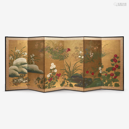 A Japanese six panel folding screen 18th Century, Rimpa