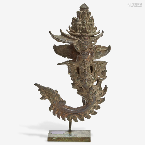 A Khmer bronze palanquin hook with later stand The hook
