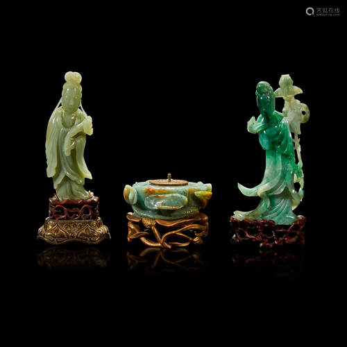 A Chinese carved jadeite meiren, a carved celadon jade