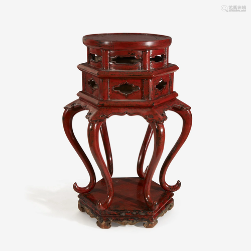 A Chinese red lacquered Ming-style hexagonal incense