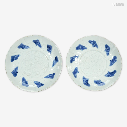 A pair of Chinese blue and white porcelain incised