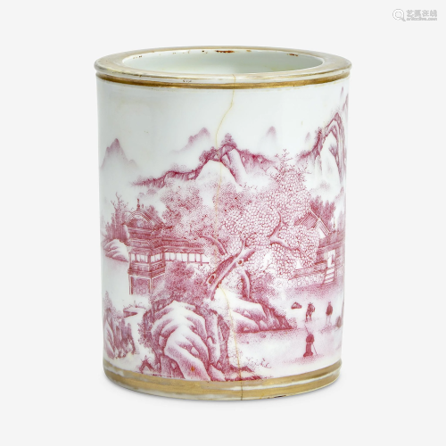A Chinese puce-enameled porcelain cylindrical brush pot