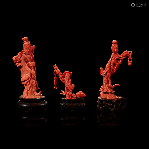 Three Chinese carved coral figural groups, meiren and