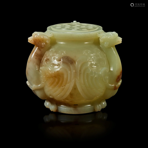 A Chinese carved greyish celadon and beige jade