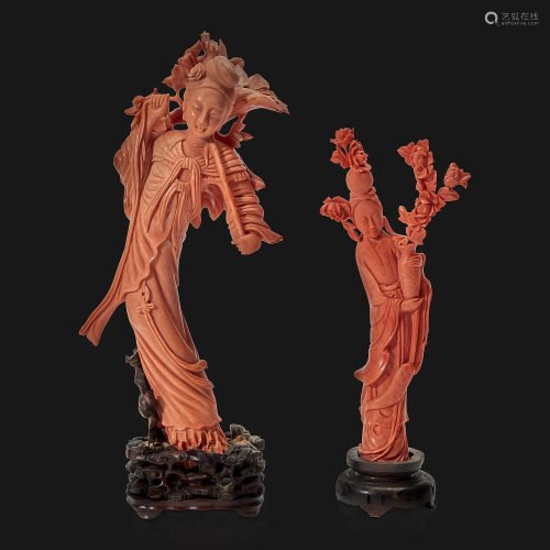 Two Chinese carved coral meiren