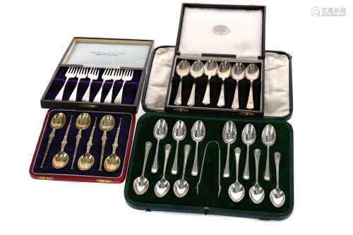 A LOT OF FOUR CASED SETS OF SILVER FLATWARE