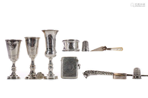 A LOT OF THREE EARLY 20TH CENTURY SILVER LIQUEUR CUPS, ALONG...