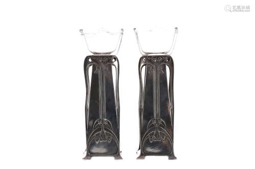 A PAIR OF WMF ART NOUVEAU SILVER PLATED BUD VASES