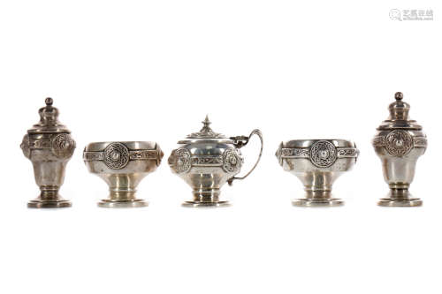 A GEORGE V SILVER CRUET SET, ALONG WITH ANOTHER