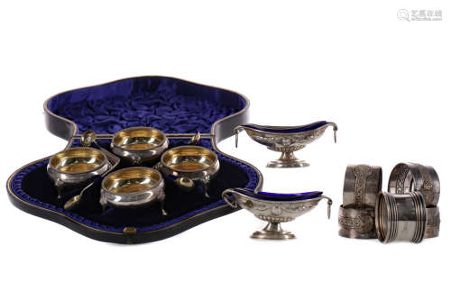 A CASED SET OF FOUR SILVER OPEN SALT CELLARS AND OTHER SILVE...