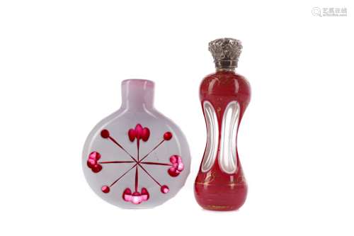 A LATE VICTORIAN PINK OVERLAID SCENT BOTTLE AND ANOTHER