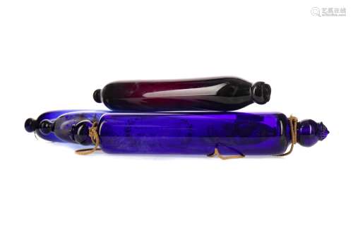 A LOT OF THREE VICTORIAN BRISTOL BLUE GLASS ROLLING PINS AND...