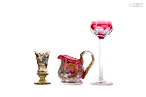 A LATE 19TH CENTURY MOSER GLASS JUG, ALONG WITH TWO LIQUEUR ...