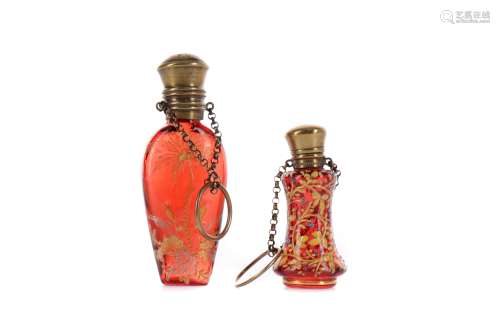 A LATE 19TH CENTURY CRANBERRY GLASS SCENT BOTTLE AND ANOTHER