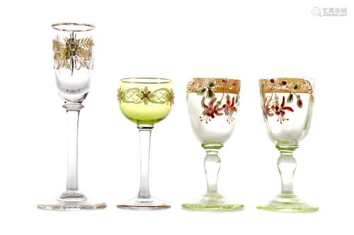 A PAIR OF LATE 19TH CENTURY URANIUM GLASS LIQUEUR GLASSES, A...