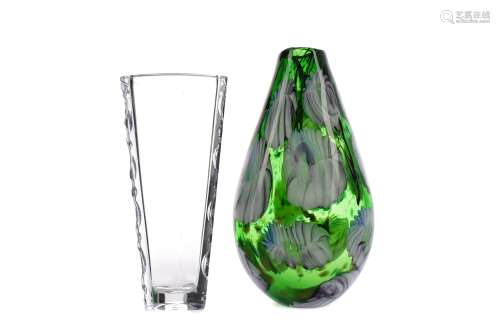 A CONTEMPORARY GREEN ART GLASS VASE, ALONG WITH ANOTHER