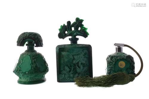 AN ART DECO MALACHITE GLASS DRESSING TABLE SET