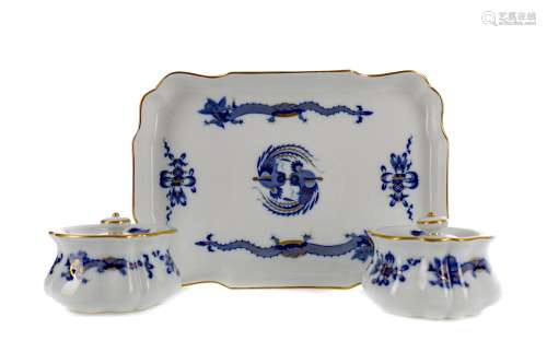 A MEISSEN RECTANGULAR TRAY AND A PAIR OF INKWELLS