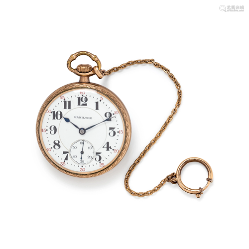 HAMILTON, GOLD-FILLED OPEN FACE POCKET WATCH WITH FOB