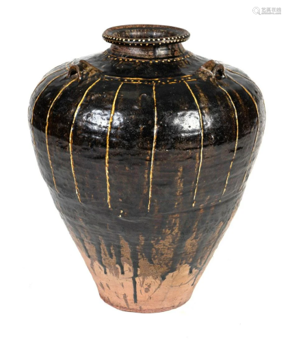 A Large Chinese Brown-Glazed Pottery Urn