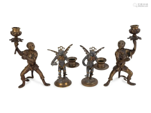 Two Pair of Bronze Monkey-Form Candlesticks
