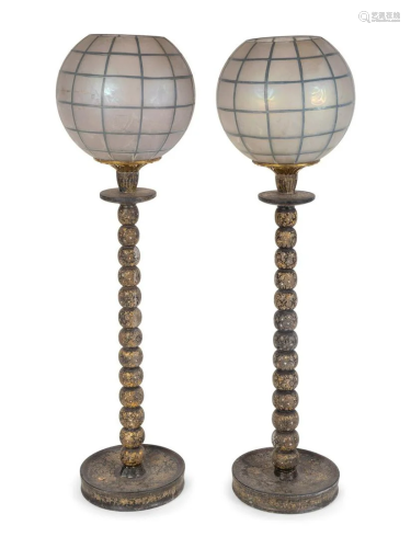 A Pair of Persian Painted Candlestick Lamps with Globes