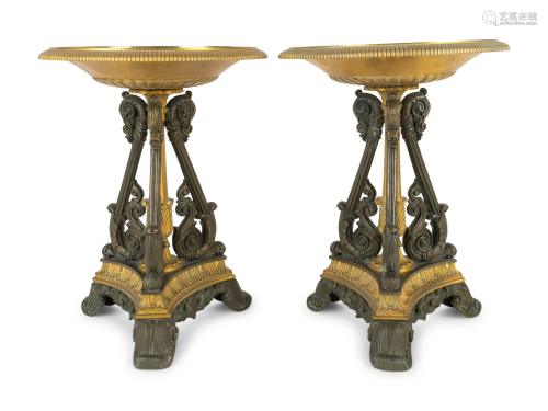 A Pair of French Gilt and Patinated Bronze Tazze