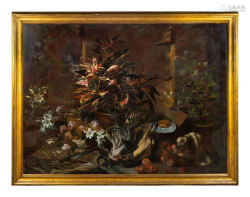 Still Life with Potted Plants and Roses, a Dog, a